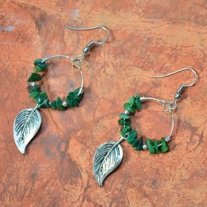 Handmade Hoop Earrings - Green Leaf Drop